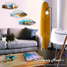 Load image into Gallery viewer, MONTEREY, WOOD SURFBOARD WALL HANGINGS, MAGNETS AND KEY-CHAINS PRICED FROM: