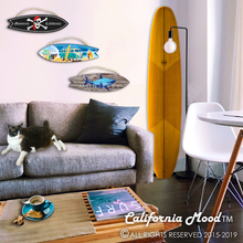 Load image into Gallery viewer, MONTEREY, WOOD SURFBOARD WALL HANGINGS, MAGNETS AND KEY-CHAINS PRICED FROM: