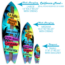 Load image into Gallery viewer, SAN DIEGO, WOOD SURFBOARD WALL HANGINGS, MAGNETS AND KEY-CHAINS PRICED FROM: