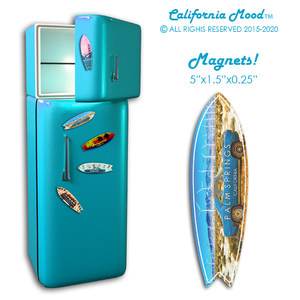 PALM SPRINGS, WOOD SURFBOARD WALL HANGINGS, MAGNETS AND KEY-CHAINS PRICED FROM: