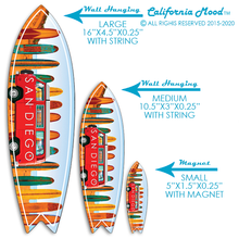 Load image into Gallery viewer, SAN DIEGO, WOOD SURFBOARD WALL HANGINGS , MAGNETS AND KEY-CHAINS PRICED FROM: