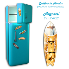 Load image into Gallery viewer, SAN DIEGO, WOOD SURFBOARD WALL HANGINGS, MAGNETS AND KEY-CHAINS PRICED FROM: