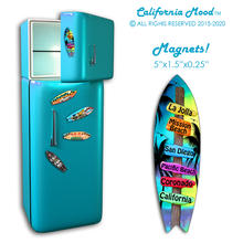 Load image into Gallery viewer, SAN DIEGO, WOOD SURFBOARD WALL HANGINGS, MAGNETS AND KEY-CHAINS PRICED FROM:
