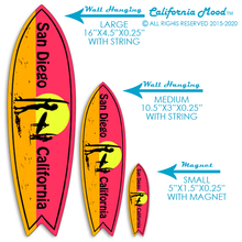 Load image into Gallery viewer, SAN DIEGO, WOOD SURFBOARD WALL HANGING, MAGNETS AND KEY-CHAINS PRICED FROM: