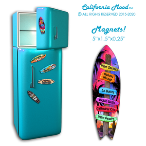 PALM SPRINGS, WOOD SURFBOARD WALL HANGINGS, MAGNETS AND KEY-CHAINS PRICED FROM: