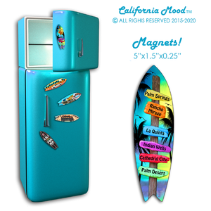 PALM SPRINGS, WOOD SURFBOARD WALL HANGINGS, MAGNETS AND KEY-CHAINS PRICED FROM: