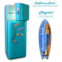Load image into Gallery viewer, HUNTINGTON BEACH, WOOD SURFBOARD WALL HANGINGS, MAGNETS AND KEY-CHAINS PRICED FROM: