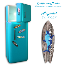 Load image into Gallery viewer, MONTEREY, WOOD SURFBOARD WALL HANGINGS, MAGNETS AND KEY-CHAINS PRICED FROM: