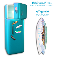 Load image into Gallery viewer, SAN FRANCISCO ALCATRAZ, WOOD SURFBOARD WALL HANGINGS AND MAGNETS PRICED FROM: