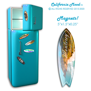 MONTEREY, WOOD SURFBOARD WALL HANGINGS, MAGNETS AND KEY-CHAINS PRICED FROM: